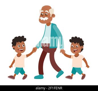 Grand-père avec ses petits-enfants marchant. Deux garçons, lits jumeaux. Il les prend par la main. Style de dessin animé, isolé sur fond blanc. Illustration vectorielle Illustration de Vecteur