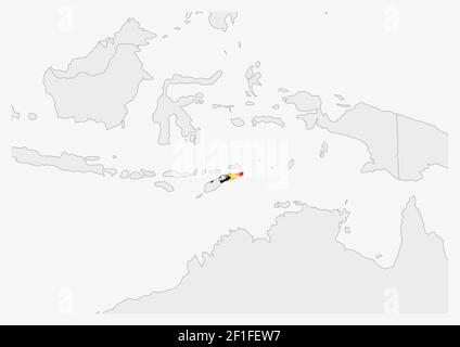 Carte du Timor oriental mise en évidence dans les couleurs du drapeau du Timor-Leste, carte grise avec les pays voisins. Illustration de Vecteur