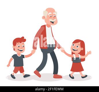 Grand-père avec ses petits-enfants marchant, il les prend à la main. Un garçon et une fille. Style de dessin animé, isolé sur fond blanc. Vecteur Illustration de Vecteur