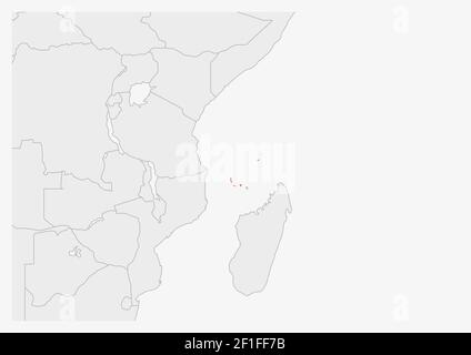 Carte des Comores mise en évidence dans les couleurs du drapeau des Comores, carte grise avec les pays voisins. Illustration de Vecteur