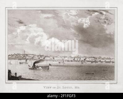 St. Louis, Missouri, États-Unis d'Amérique au début du XIXe siècle, avec des bateaux à aubes sur le Mississippi. Lithographie de T. Moore après une œuvre de E.W. Playter. Banque D'Images