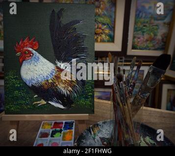 Art ,peinture ,huile ,couleur ,mignon , poule , pinceaux, palette ,,galerie ,, thaïlande , bantam Banque D'Images