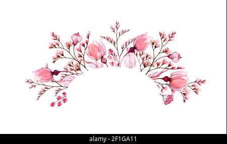 Bannière florale aquarelle. Cadre ovale pour le texte. Fleurs et feuilles de rose transparentes et baies. Arrière-plan abstrait du logo. Isolé dessiné à la main Banque D'Images
