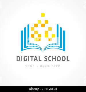Logo vecteur éducatif. Livre ouvert et pixels numériques dorés. Réseau Internet icône de l'école en ligne. Identification virtuelle de l'identification ou tests de marquage Illustration de Vecteur