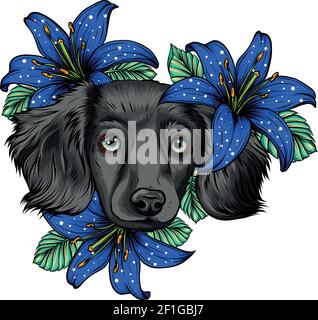 Portrait d'un chien d'Espagne dans une couronne à tête de fleur. Illustration vectorielle. Illustration de Vecteur