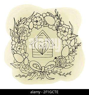 Gravure de Pâques couronne de fleurs décorée d'œufs peints, ruban et maison avec une fenêtre. Illustration vectorielle dans le style de dessin au trait Illustration de Vecteur