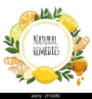 Bannière de cadre de remèdes naturels. Citron, gingembre, miel, menthe pour le remède contre la toux. Traitements à domicile contre la grippe, les virus et la douleur. Vecteur Illustration du naturel Illustration de Vecteur