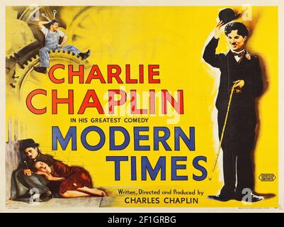 Affiche de film antique / vintage: Modern Times – un film humoristique américain de 1936 écrit et réalisé par Charlie Chaplin. Banque D'Images