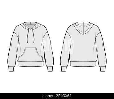Sweat-shirt à capuche illustration technique de la mode avec manches longues, grande pochette kangourou, ourlet à bande, cordon. Grand modèle de vêtement plat à l'avant, à l'arrière, de couleur grise. Femmes, hommes, maquette de CAD unisex Illustration de Vecteur