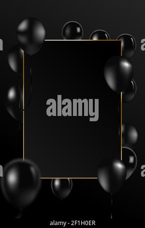 Magnifique noir ballons vecteur volant aléatoirement sur cadre or. Party élégant fond vectoriel avec espace pour le texte. Cadre doré vectoriel, confetti Illustration de Vecteur
