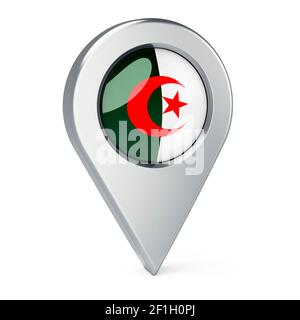 Pointeur de carte avec drapeau d'Algérie, rendu 3D isolé sur fond blanc Banque D'Images