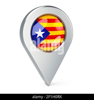 Pointeur de carte avec drapeau de Catalogne, rendu 3D isolé sur fond blanc Banque D'Images