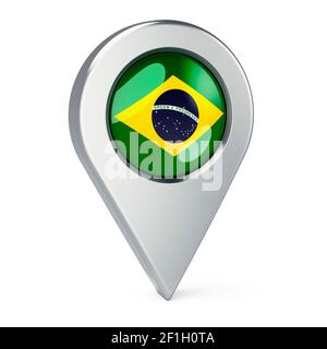 Pointeur de carte avec drapeau du Brésil, rendu 3D isolé sur fond blanc Banque D'Images