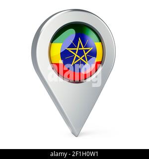 Pointeur de carte avec drapeau d'Ethiopie, rendu 3D isolé sur fond blanc Banque D'Images