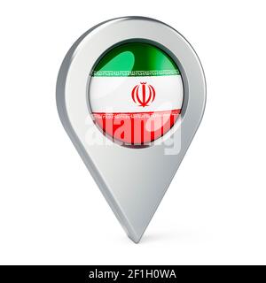 Pointeur de carte avec drapeau de l'Iran, rendu 3D isolé sur fond blanc Banque D'Images