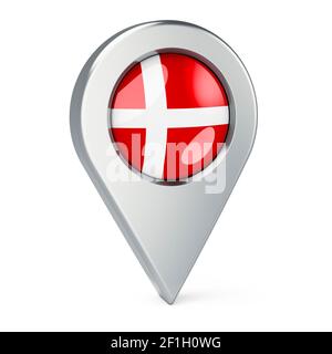 Pointeur de carte avec drapeau du Danemark, rendu 3D isolé sur fond blanc Banque D'Images