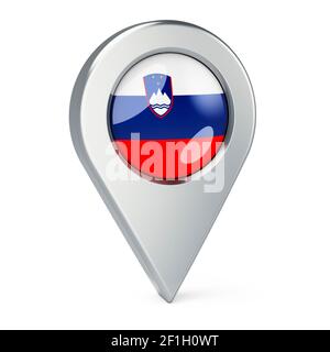 Pointeur de carte avec drapeau de Slovénie, rendu 3D isolé sur fond blanc Banque D'Images