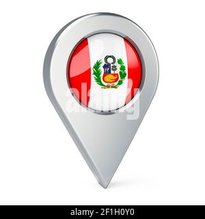 Pointeur de carte avec drapeau du Pérou, rendu 3D isolé sur fond blanc Banque D'Images