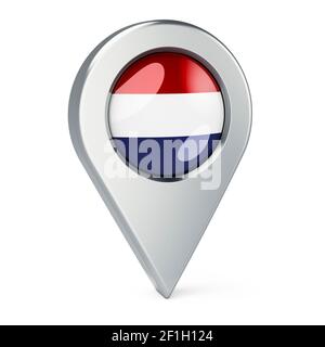 Pointeur de carte avec drapeau des pays-Bas, rendu 3D isolé sur fond blanc Banque D'Images