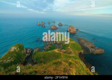 Les nuggets- îlots rocheux de Nugget point en Nouvelle-Zélande, océan sauvage du sud sur la côte de Catlins, île du sud de la Nouvelle-Zélande Banque D'Images