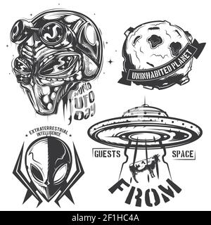 Ensemble d'éléments OVNIS (étrangers, soucoupe volante, planète, etc.) emblèmes, étiquettes, badges, logos. Isolé sur blanc Illustration de Vecteur