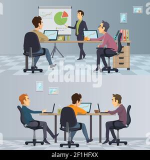 Composition du travail d'équipe d'entreprise avec les employés lors de la présentation et les indépendants dans illustration du vecteur du centre de travail des collègues Illustration de Vecteur