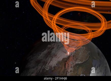 Silhouette d'homme dans l'espace sur terre avec flux énergétique. L'état méditatif de l'âme de l'homme. illustration 3d Banque D'Images