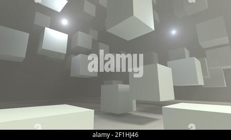 Abstract white cubes volants dans le brouillard l'espace 3d illustration Banque D'Images