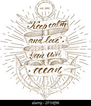 Dessinez l'étiquette du ruban marin avec l'inscription d'ancrage et le soleil illustration vectorielle isolée de style vintage Illustration de Vecteur