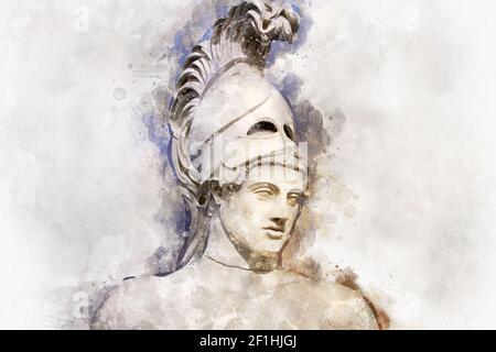 Aquarelle, Statue de l'ancien homme d'État d'Athènes, Pericles. Tête dans casque grec ancienne sculpture de guerrier. Banque D'Images