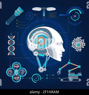 Concept de technologie hi-tech avec objets et éléments artificiels cybernétiques robotiques sur l'illustration du vecteur d'arrière-plan de la grille bleue Illustration de Vecteur