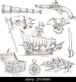 Ensemble d'éléments de pirate dessinés à la main avec coffre de Trésor de voilier et l'illustration vectorielle isolée du drapeau jolly roger Illustration de Vecteur