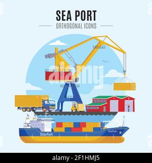 Modèle de port maritime avec chargement d'un camion d'entrepôt et d'une grue de construction illustration du vecteur conteneur à expédier Illustration de Vecteur