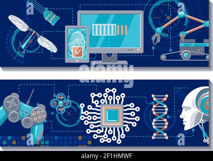 Bannières horizontales robotiques scientifiques avec technologies hi-tech futuristes et illustration vectorielle d'objets Illustration de Vecteur