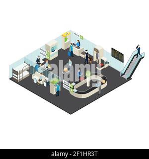Concept isométrique intérieur de l'aéroport avec comptoir d'enregistrement des passagers illustration du vecteur du salon de départ du contrôle des douanes Illustration de Vecteur