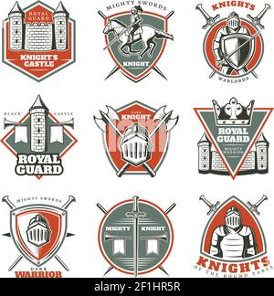 Des étiquettes médiévales anciennes et colorées sont parcoudées de chevaliers blindés illustration vectorielle isolée de la forteresse et de la tour d'armes Illustration de Vecteur