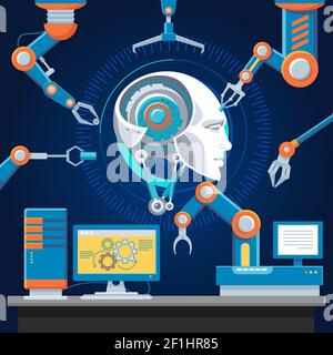 Modèle technologique futuriste de l'industrie avec l'assemblage automatique de bras robotisés cyborg illustration du vecteur tête Illustration de Vecteur