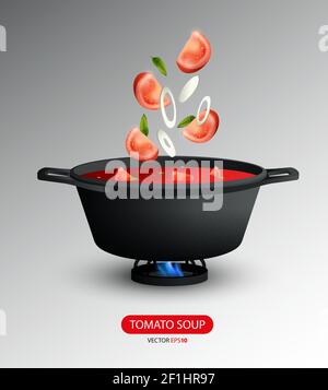 Concept réaliste de cuisson de soupe de tomate avec tranches de tomate et d'oignon tomber dans l'illustration de vecteur isolé de panoramique Illustration de Vecteur