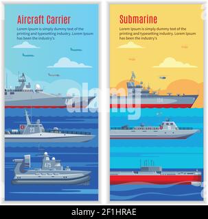 Des banderoles verticales de navires militaires avec des bateaux de combat de différents types et illustration du vecteur de construction Illustration de Vecteur