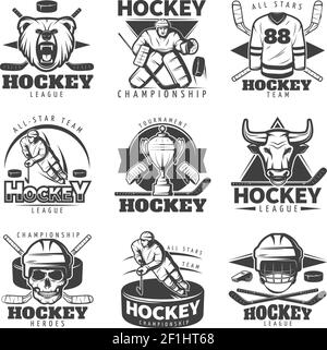 Ensembles de hockey monochrome isolés avec équipement sportif de mascottes d'équipe et symboles décoratifs du joueur avec illustration vectorielle de texte Illustration de Vecteur