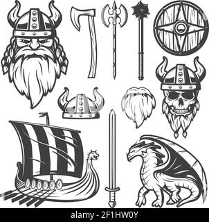 Ensemble d'icônes Viking vintage noires avec outils et éléments dans illustration vectorielle de la vie de ce peuple Illustration de Vecteur