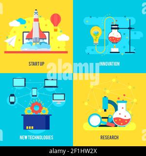 Composition plate de développement commercial avec lancement de fusée technologies innovantes et illustrations vectorielles d'expériences scientifiques Illustration de Vecteur