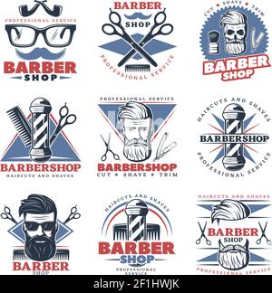 Ensemble de neuf emblèmes colorés isolés avec personnage de boxeur images barbershop accessoires décoratifs et légendes illustration vectorielle Illustration de Vecteur
