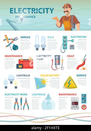 Modèle d'infographie pour électricien professionnel avec outils électriques colorés et illustration vectorielle des éléments Illustration de Vecteur