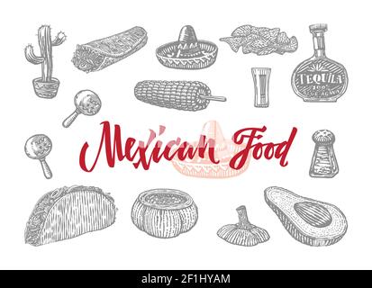 Cuisine mexicaine gravée ensemble de différents repas et éléments de illustration vectorielle isolée de la culture traditionnelle nationale Illustration de Vecteur