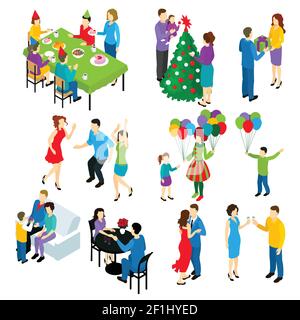 Ensemble isométrique de personnages isolés célébrant les vacances en couple amis groupes enfants décorations colorées ballons illustration vectorielle Illustration de Vecteur