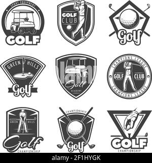 Ensemble d'étiquettes de golf vintage pour club avec différents éléments de jeu illustration vectorielle isolée de style monochrome Illustration de Vecteur