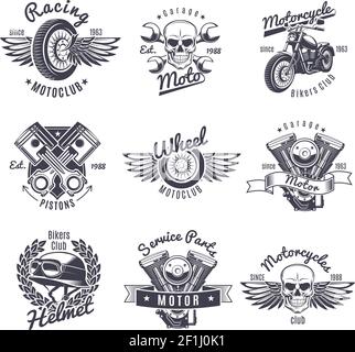 Ensemble d'étiquettes de moto monochrome vintage avec ailes de roue crâne de vélo illustration vectorielle isolée du moteur du casque, clés croisées, pistons Illustration de Vecteur