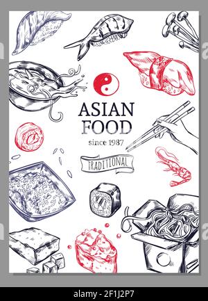 Affiche de la cuisine asiatique avec cuisine japonaise traditionnelle chinoise et illustration vectorielle de la vaisselle Illustration de Vecteur