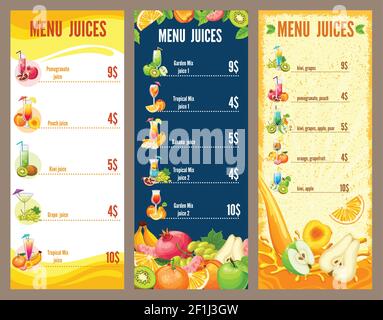 Modèle de menu coloré de jus de fruits naturels avec boissons de fruits frais dans une illustration vectorielle de style dessin animé Illustration de Vecteur